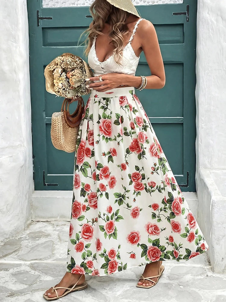 Women's Pleated Skirt Chiffon Elastic Waist A-Line Midi Length Skirt