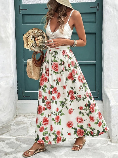 Women's Pleated Skirt Chiffon Elastic Waist A-Line Midi Length Skirt
