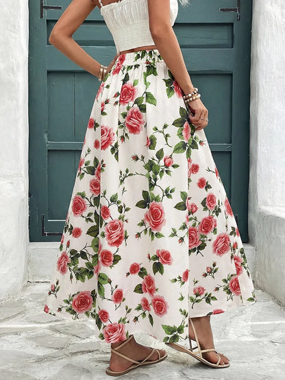 Women's Pleated Skirt Chiffon Elastic Waist A-Line Midi Length Skirt