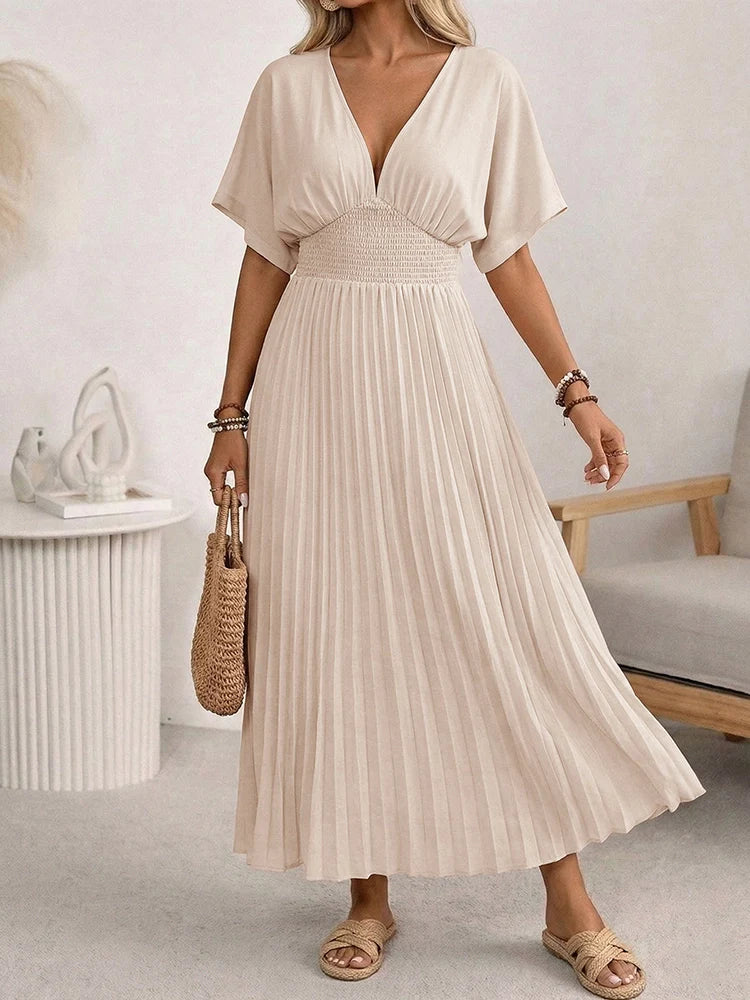 Women's V Neck Pleated Maxi Dress