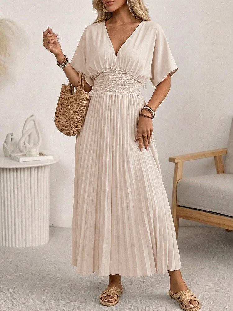 Women's V Neck Pleated Maxi Dress