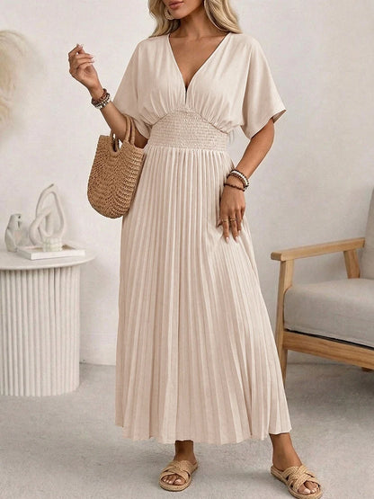 Women's V Neck Pleated Maxi Dress
