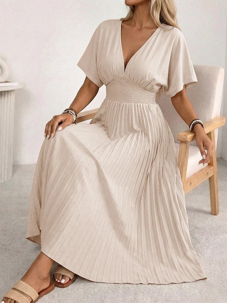 Women's V Neck Pleated Maxi Dress