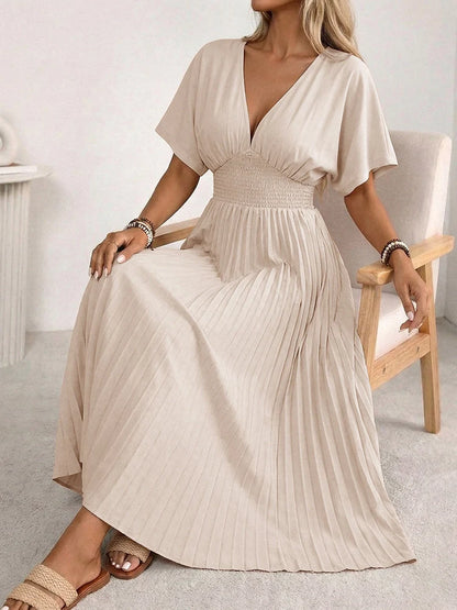 Women's V Neck Pleated Maxi Dress