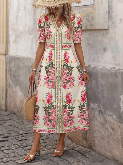 Boho Floral Print V Neck Midi Dress