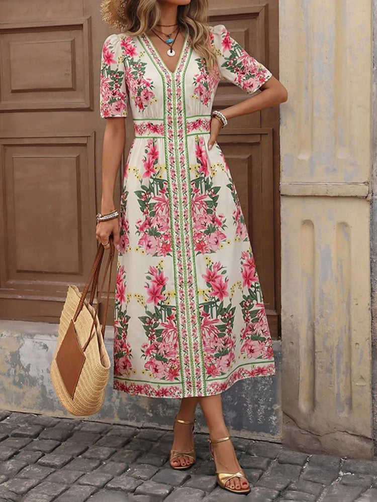 Boho Floral Print V Neck Midi Dress