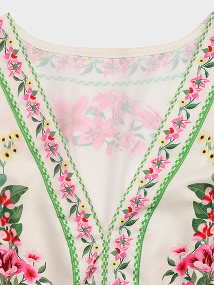 Boho Floral Print V Neck Midi Dress
