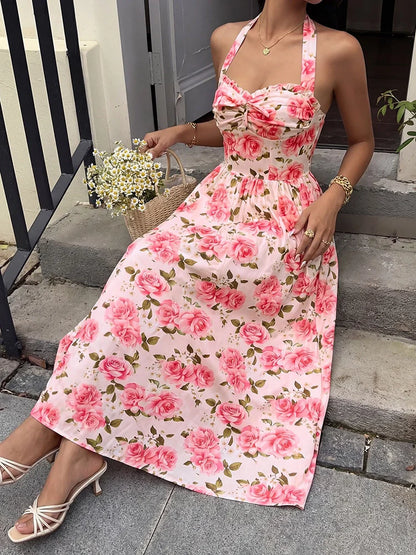 Women's Floral Halter Neck Midi Dress