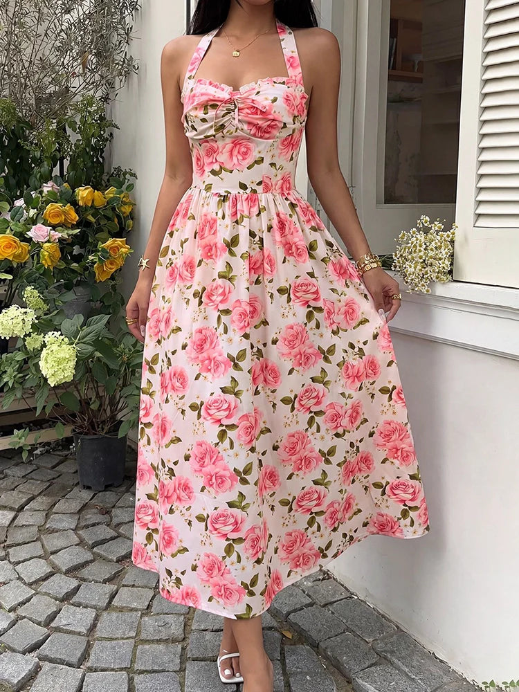 Women's Floral Halter Neck Midi Dress