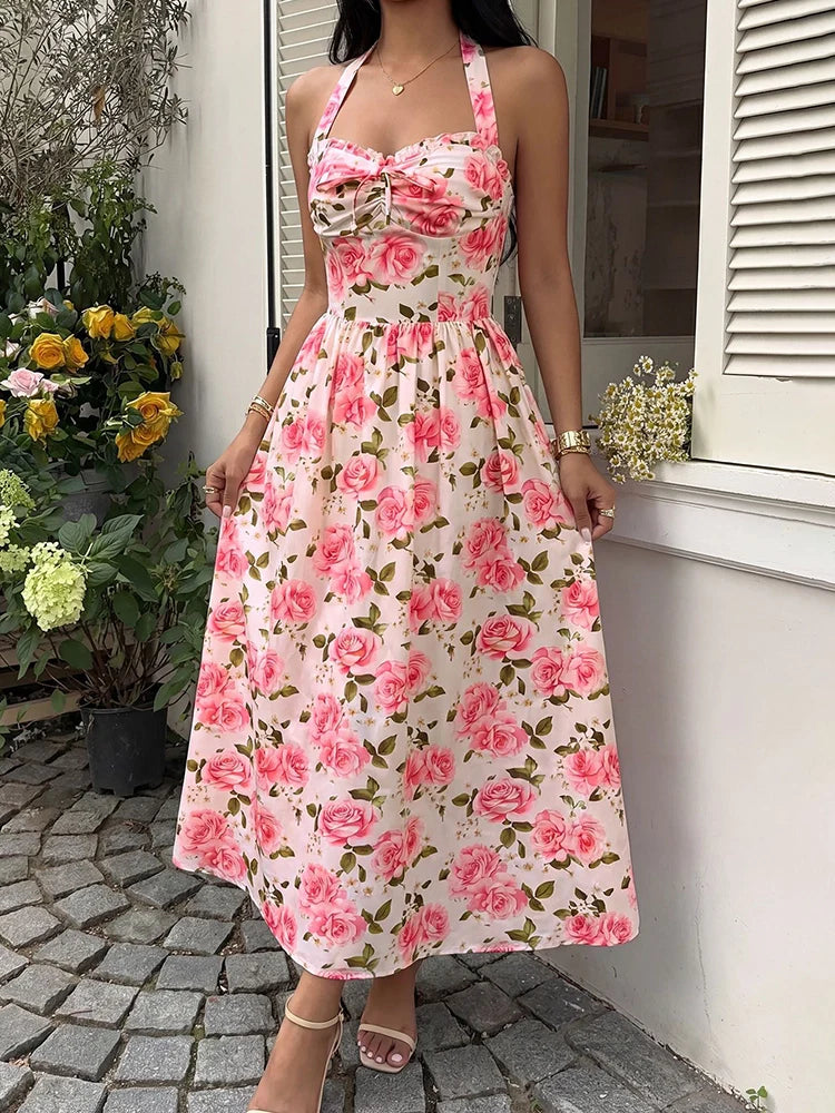Women's Floral Halter Neck Midi Dress