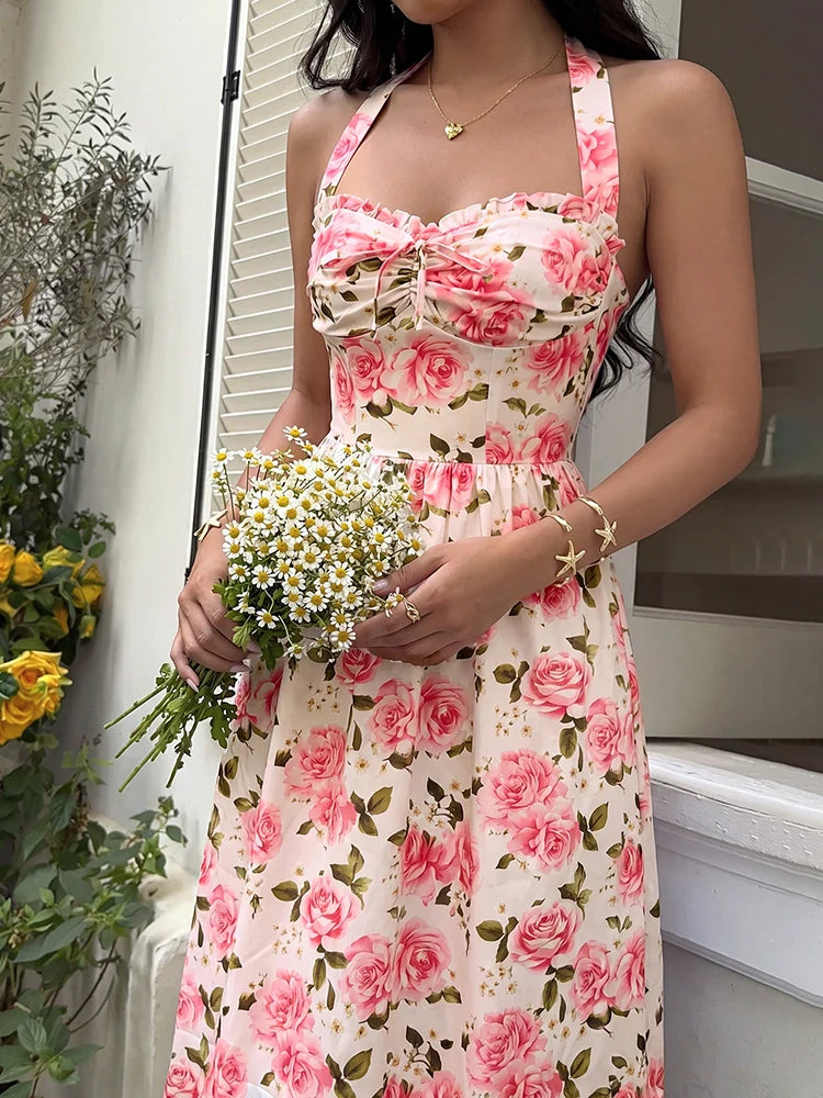 Women's Floral Halter Neck Midi Dress