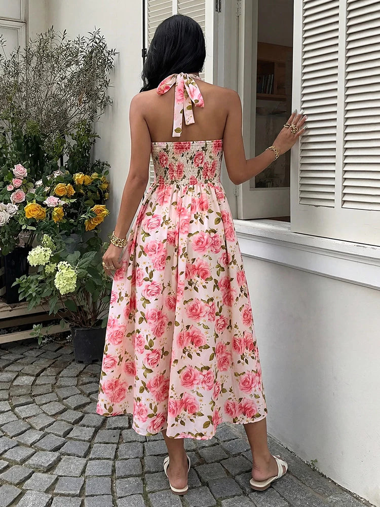 Women's Floral Halter Neck Midi Dress