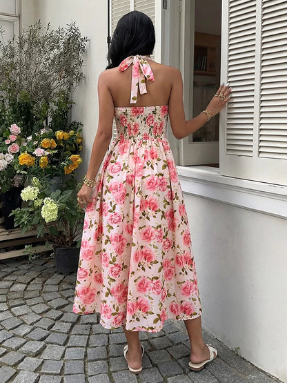 Women's Floral Halter Neck Midi Dress