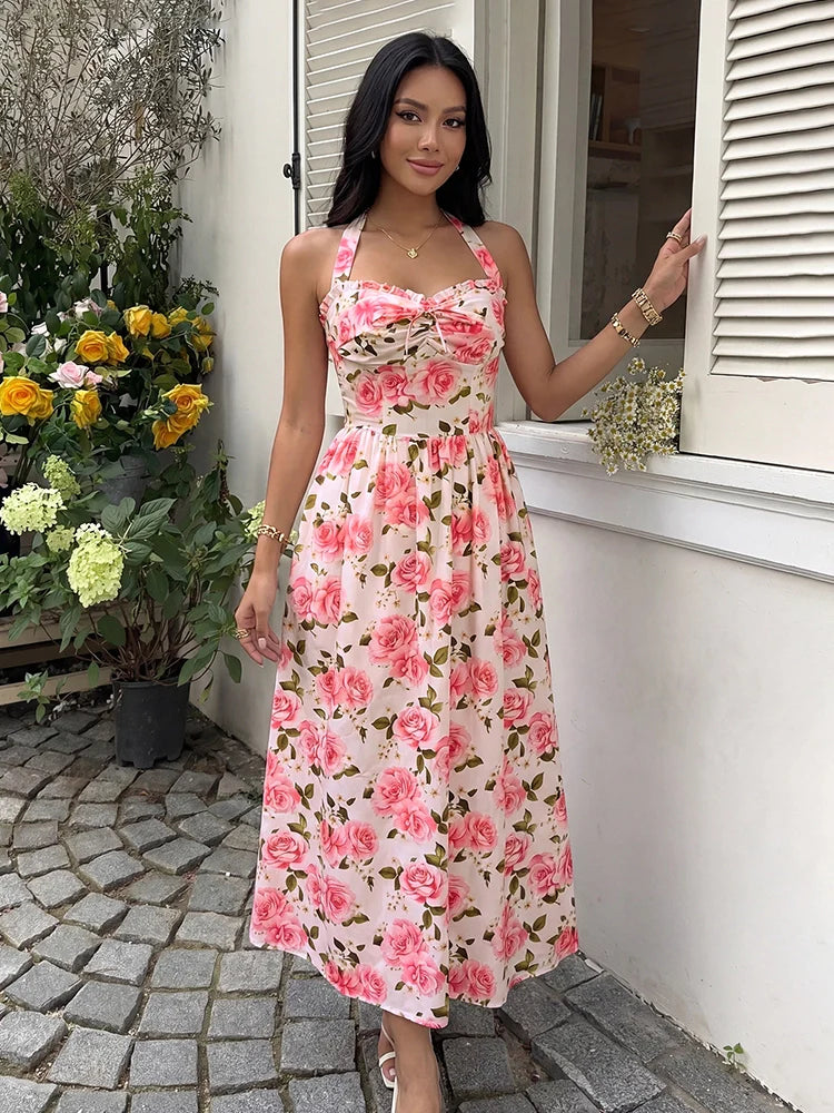 Women's Floral Halter Neck Midi Dress