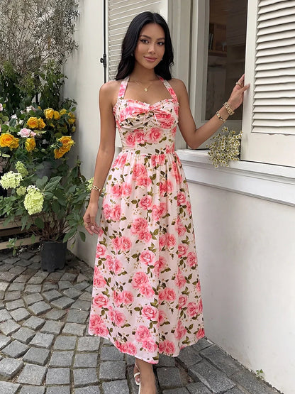 Women's Floral Halter Neck Midi Dress