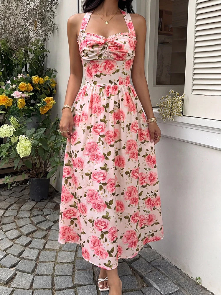 Women's Floral Halter Neck Midi Dress
