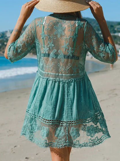 Women's Contrast Lace Bathing Suit Cover Up V-Neck Swimsuit Coverups Loose Swimwear