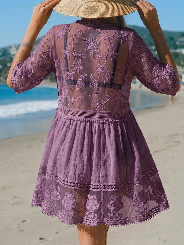 Women's Contrast Lace Bathing Suit Cover Up V-Neck Swimsuit Coverups Loose Swimwear