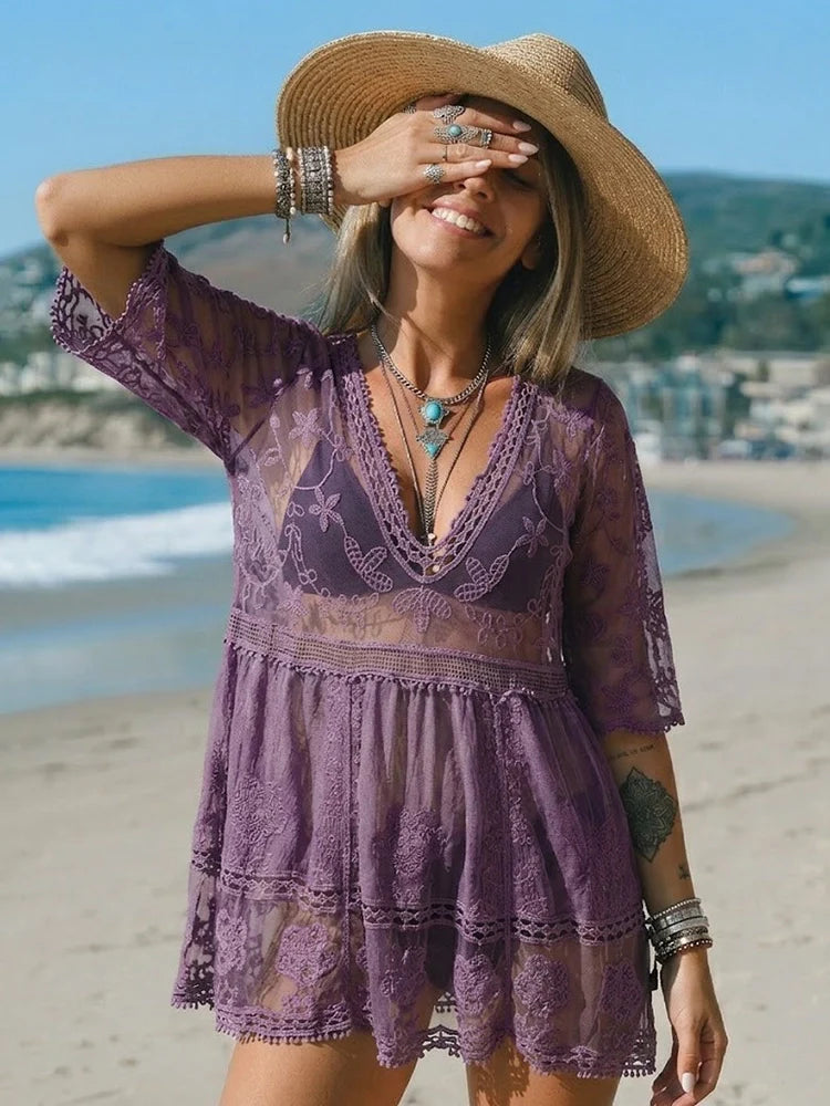 Women's Contrast Lace Bathing Suit Cover Up V-Neck Swimsuit Coverups Loose Swimwear