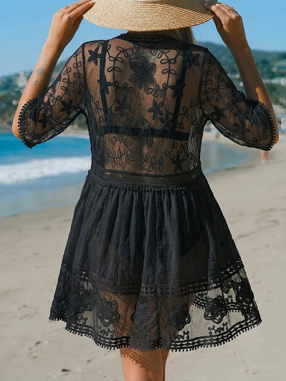 Women's Contrast Lace Bathing Suit Cover Up V-Neck Swimsuit Coverups Loose Swimwear