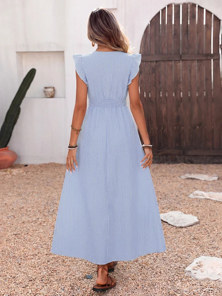 Womens Summer Casual Ruffle Cap Sleeve Maxi Dress