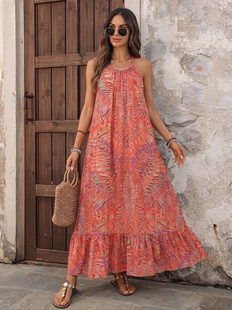 Women's Boho Print Halter Neck Backless Maxi Dress