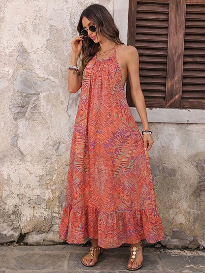 Women's Boho Print Halter Neck Backless Maxi Dress