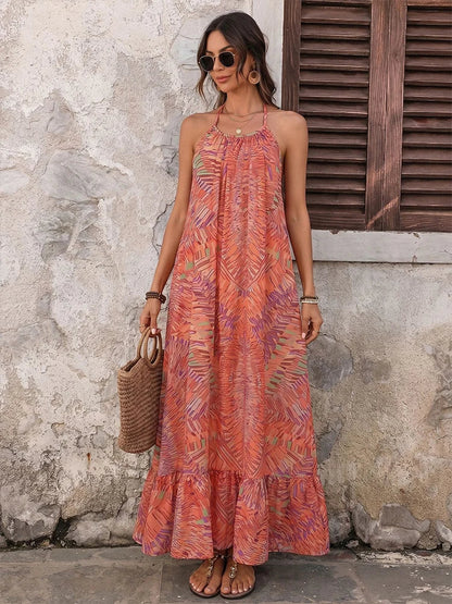 Women's Boho Print Halter Neck Backless Maxi Dress