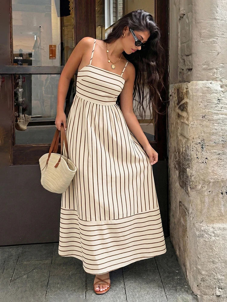 Women's Striped Spaghetti Strap Maxi Dress