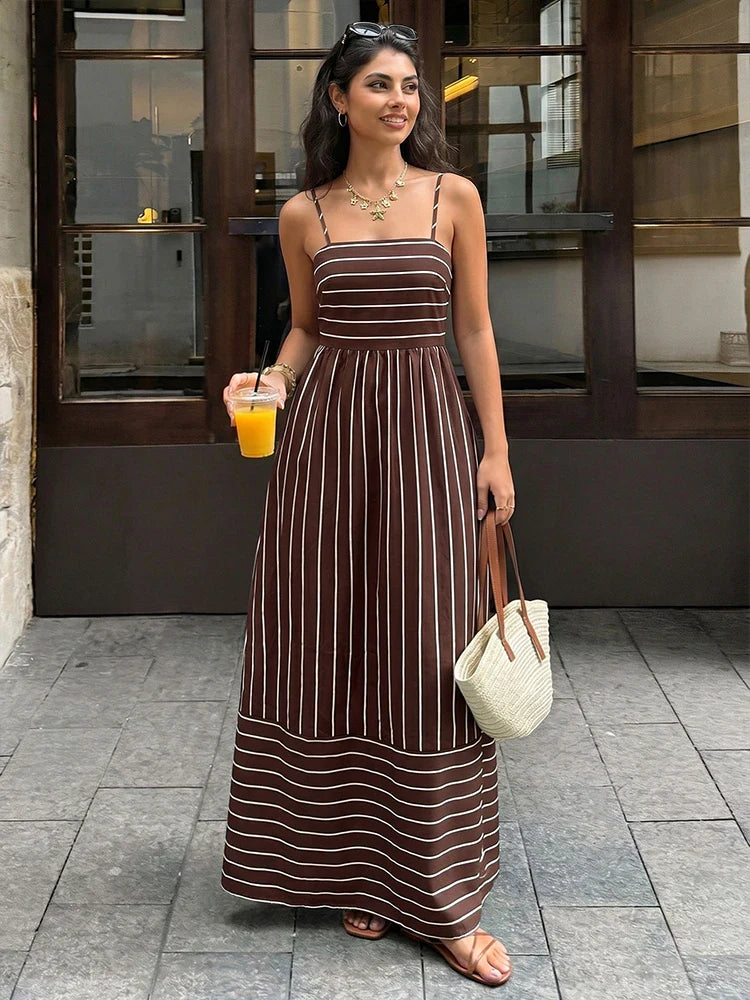 Women's Striped Spaghetti Strap Maxi Dress