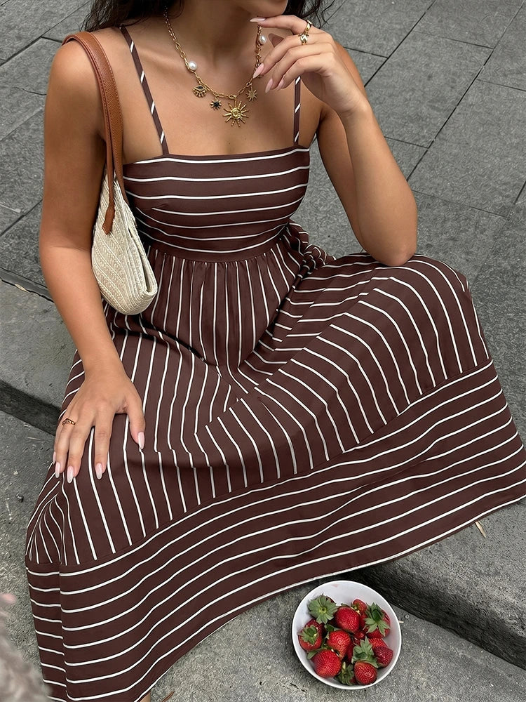 Women's Striped Spaghetti Strap Maxi Dress