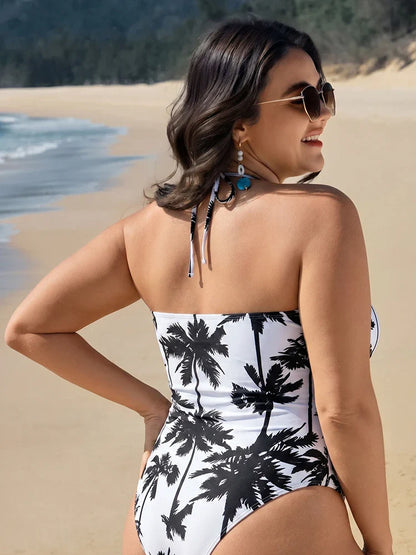 Women’s Palm Tree Print One Piece Swimsuit – Halter Deep V Neck Backless Monokini
