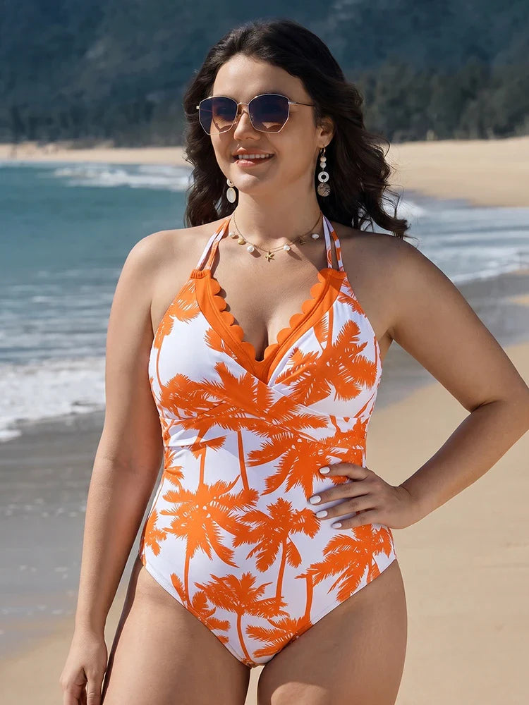 Women’s Palm Tree Print One Piece Swimsuit – Halter Deep V Neck Backless Monokini