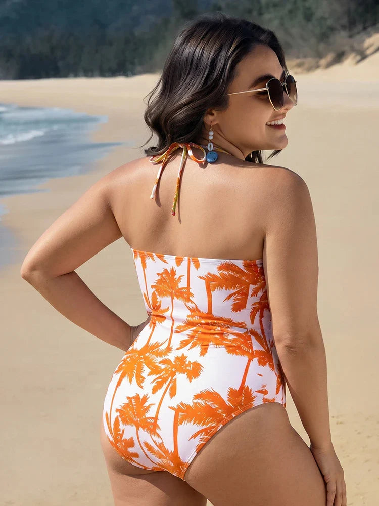 Women’s Palm Tree Print One Piece Swimsuit – Halter Deep V Neck Backless Monokini