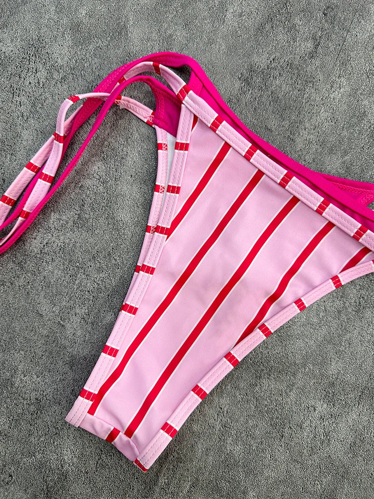 Women’s Pink Striped Halter Triangle Bikini Set