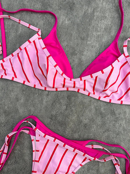 Women’s Pink Striped Halter Triangle Bikini Set