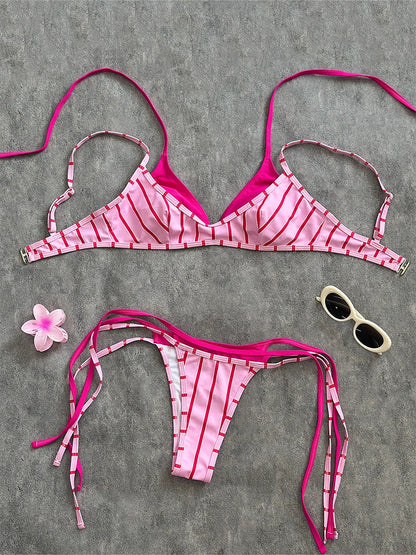 Women’s Pink Striped Halter Triangle Bikini Set