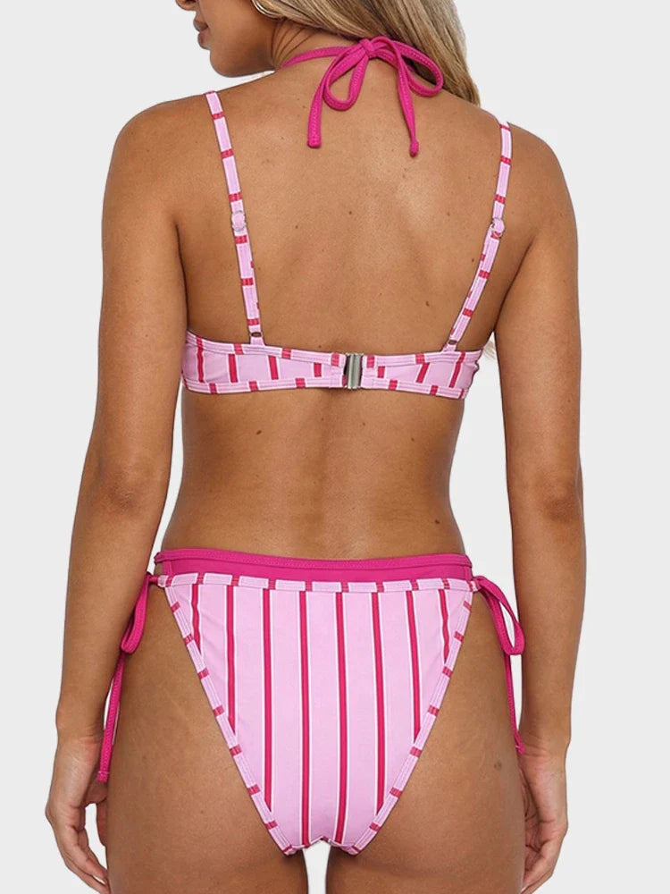 Women’s Pink Striped Halter Triangle Bikini Set