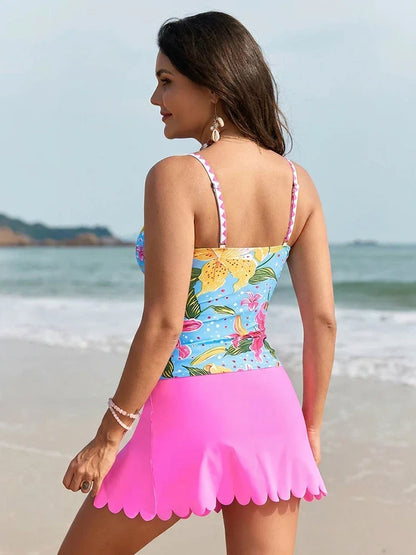 Women’s Floral Tankini Swimsuit with Swim Skirt