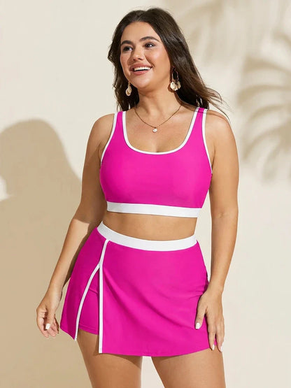 Colorblock U-Neck 2-Piece Swim Set with Slit Skirt
