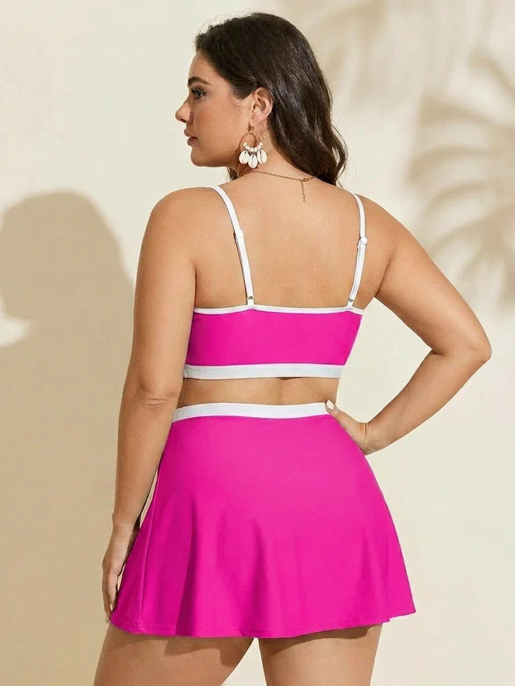 Colorblock U-Neck 2-Piece Swim Set with Slit Skirt