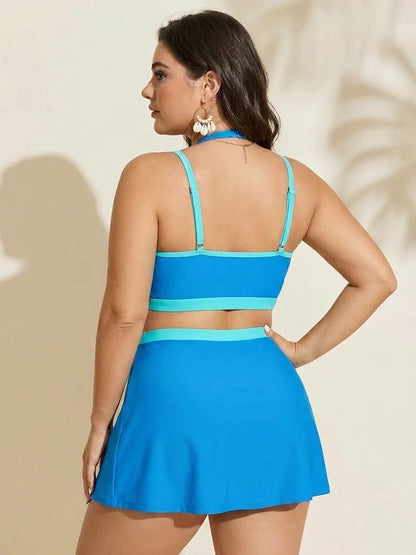 Colorblock U-Neck 2-Piece Swim Set with Slit Skirt