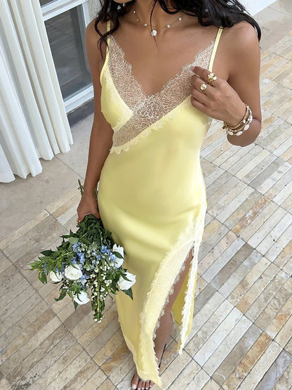 Women’s Backless Lace Trim Satin Maxi Dress