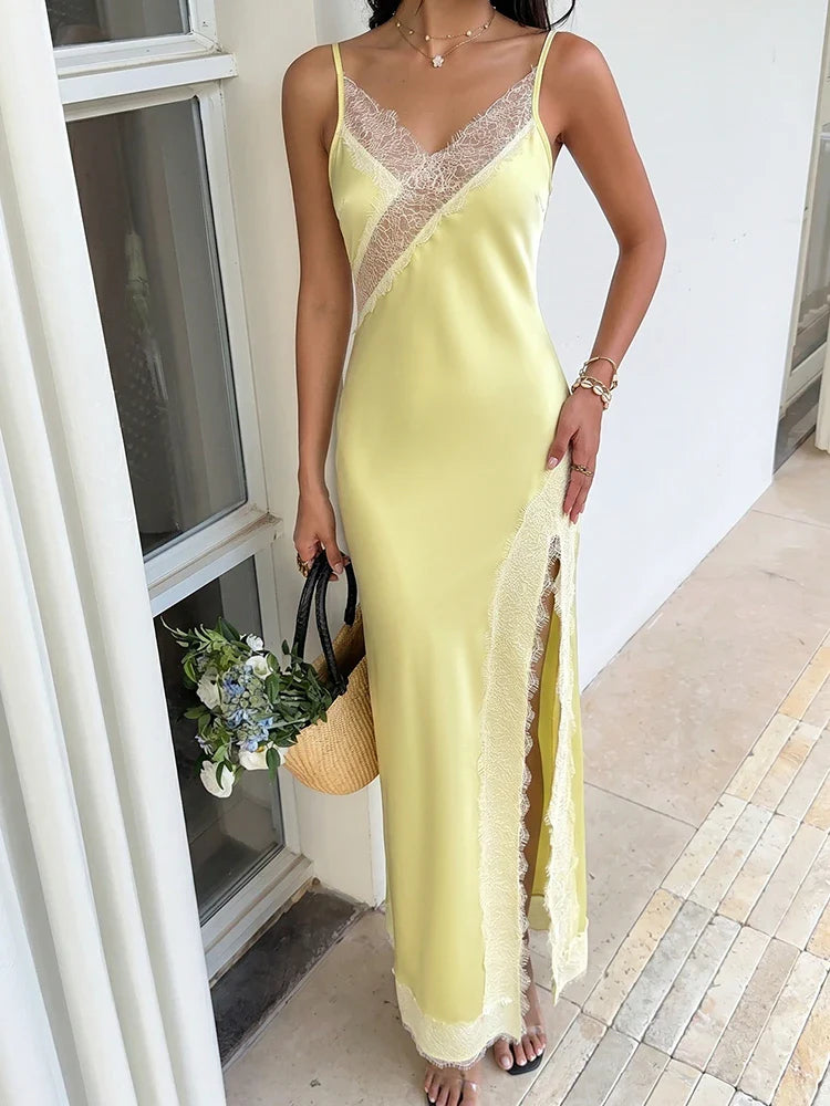 Women’s Backless Lace Trim Satin Maxi Dress