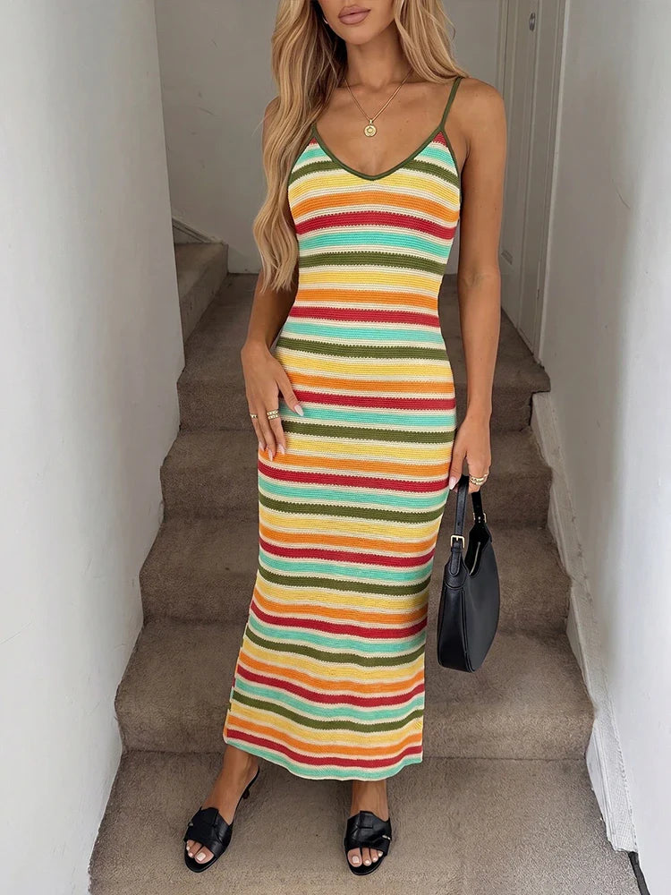 Women’s Backless Striped Knit Maxi Dress