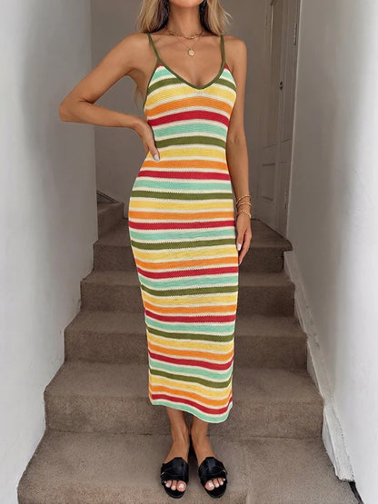 Women’s Backless Striped Knit Maxi Dress