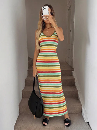 Women’s Backless Striped Knit Maxi Dress