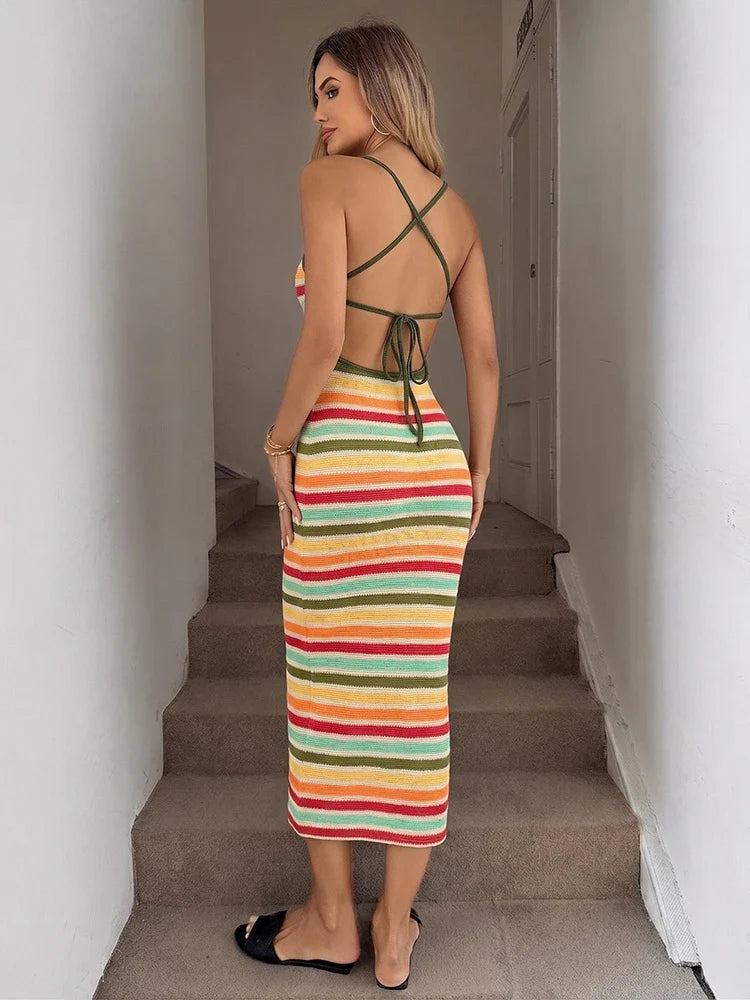 Women’s Backless Striped Knit Maxi Dress