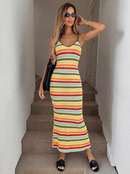 Women’s Backless Striped Knit Maxi Dress