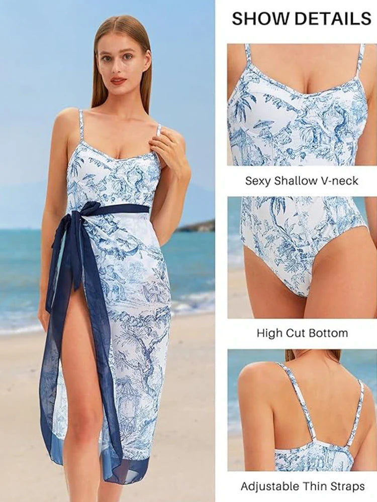 Blue Toile Print Cami Bodysuit & Mesh Skirt Set